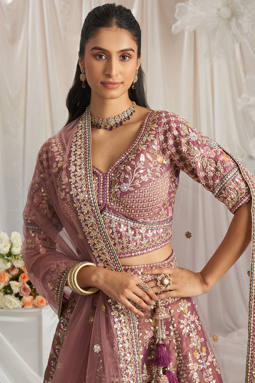 Mauve Pink Embroidered Tissue Lehenga - Image 2